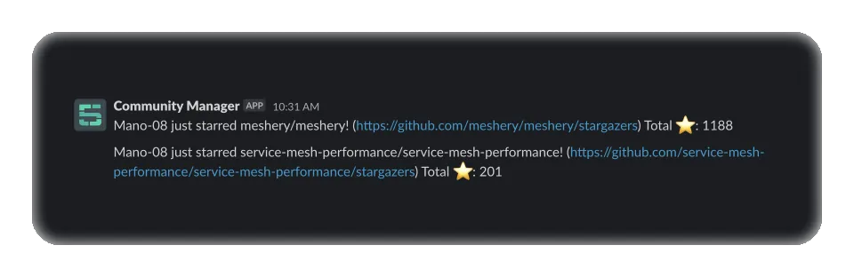 Slack notification of GitHub stars applied to Meshery and Service Mesh Performance